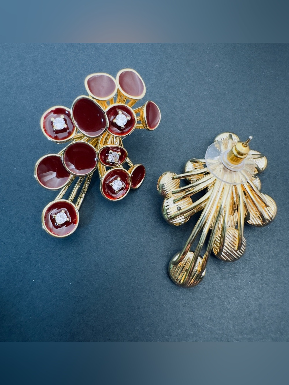 Gold-Tone Red Cluster Statement Earrings - Picture 6 of 6
